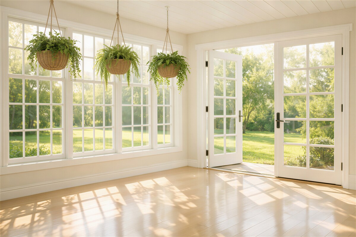 Fotobehang zonnig uitzicht op de tuin door het raam