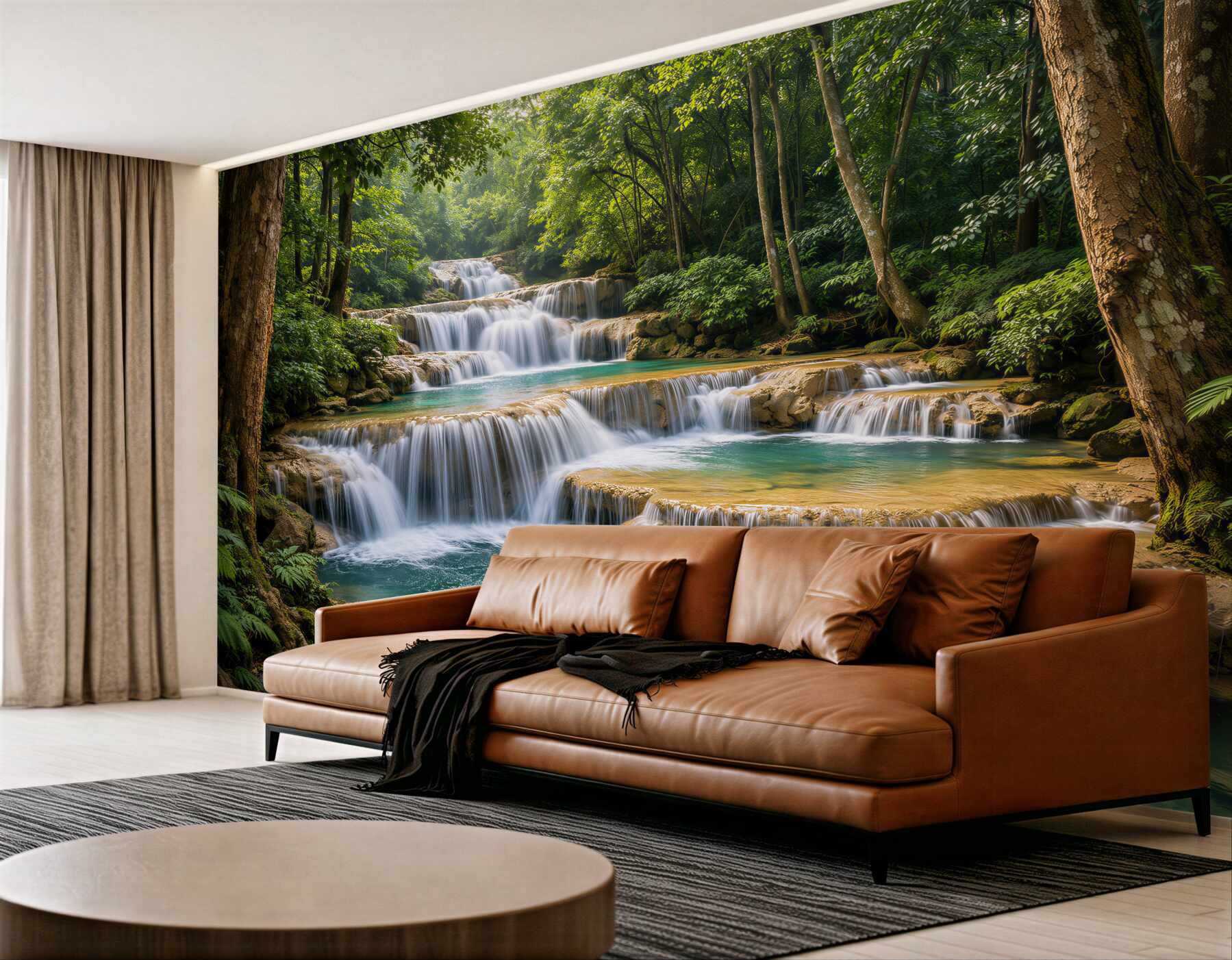 Fotobehang turquoise watervallen in het groene bos