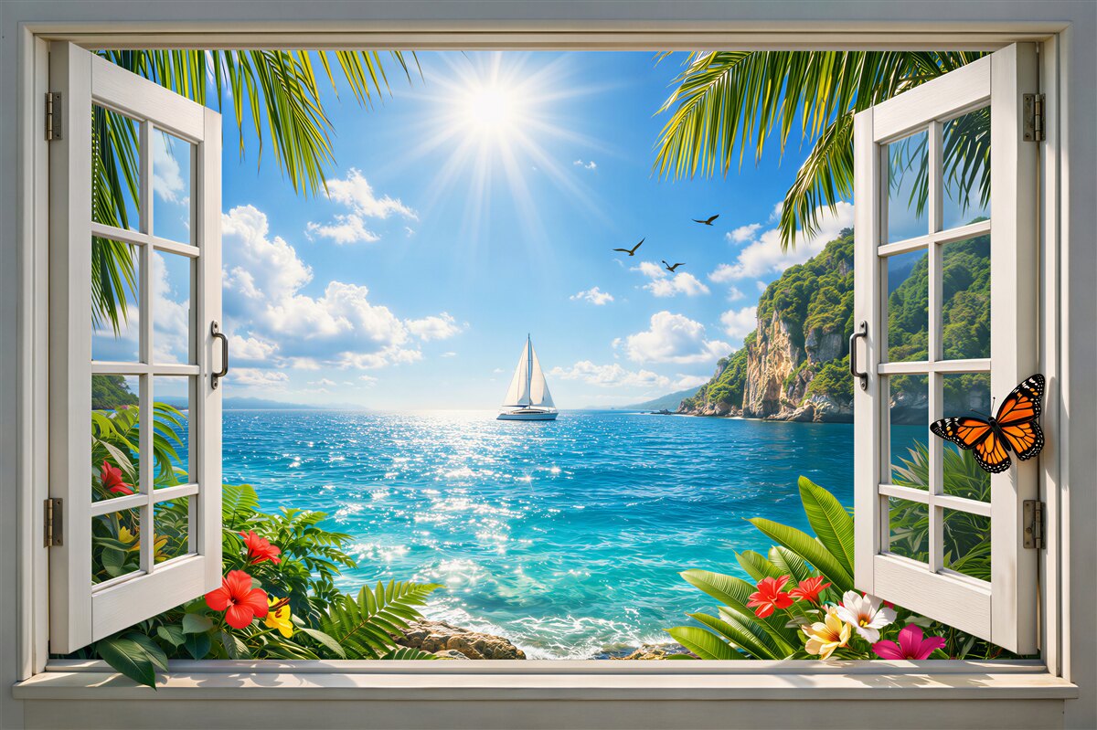 Fotobehang zonnig uitzicht op de zee vanuit een raam