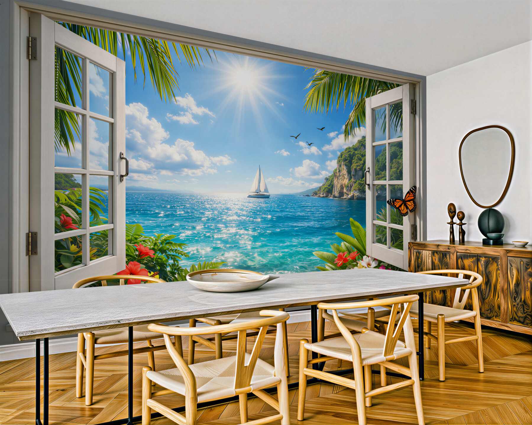 Fotobehang zonnig uitzicht op de zee vanuit een raam
