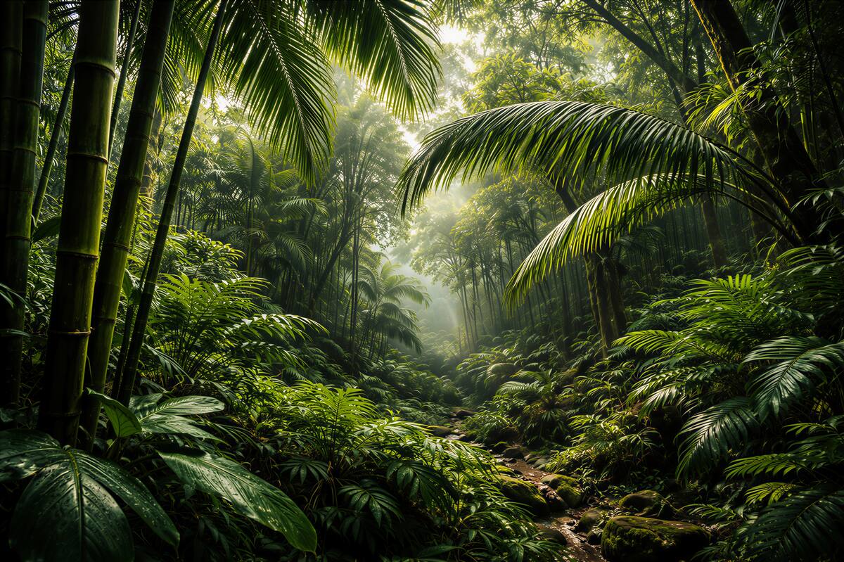 Fotobehang tropische jungle met palmbomen