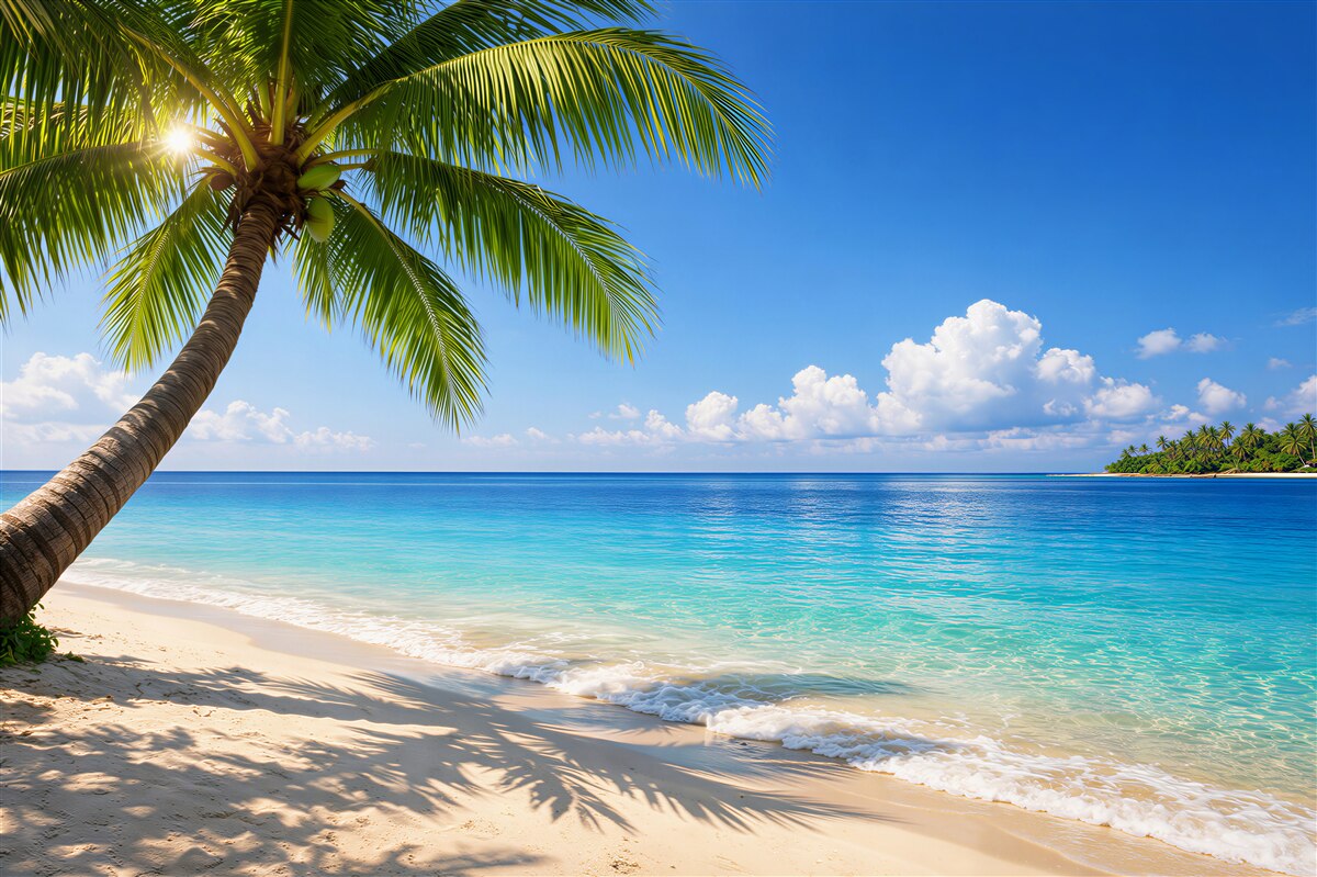 Fotobehang paradijselijke strand met een palmboom