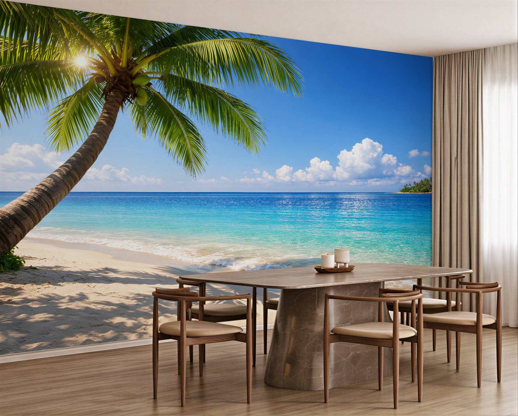 Fotobehang paradijselijke strand met een palmboom