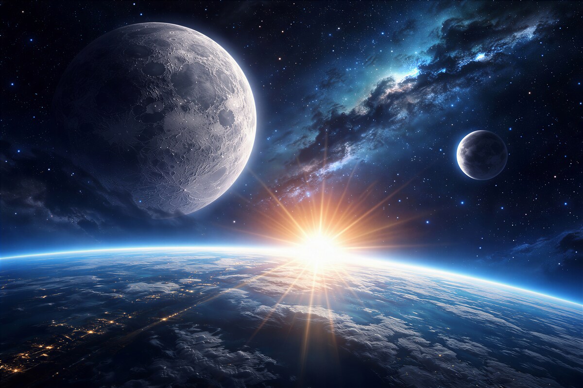 Fotobehang kosmische zonsopgang boven een planeet