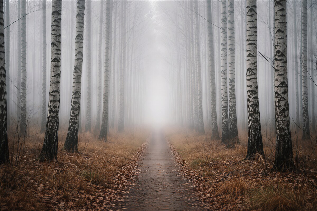 Fotobehang berkenlaan in de mist