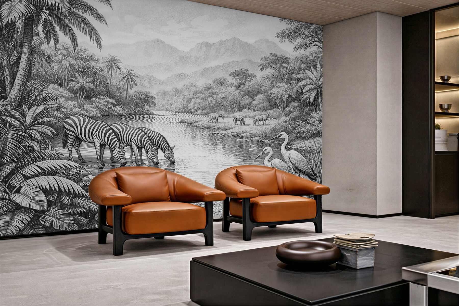 Fotobehang zebra's en reigers in de jungle