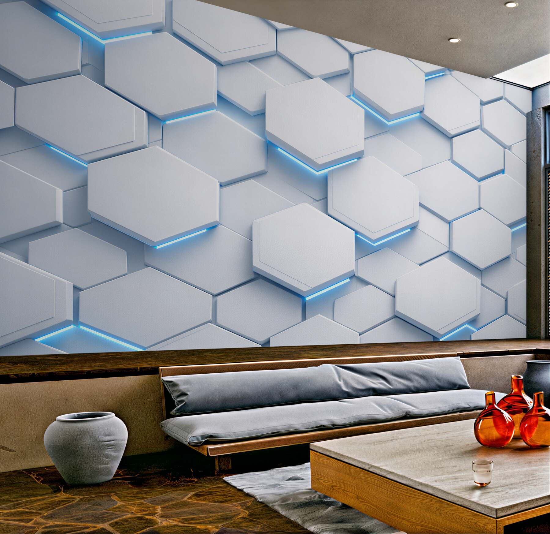 Fotobehang futuristische hexagons met blauw
