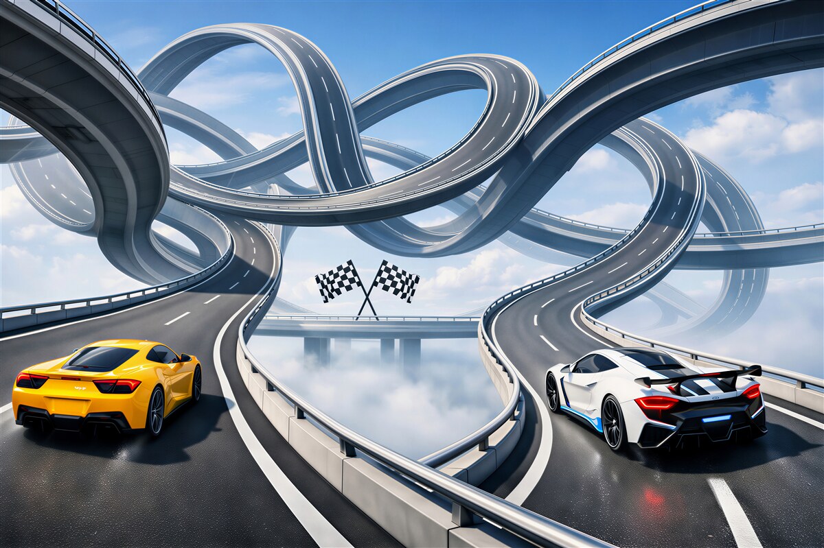 Fotobehang futuristische race op verwarde sporen