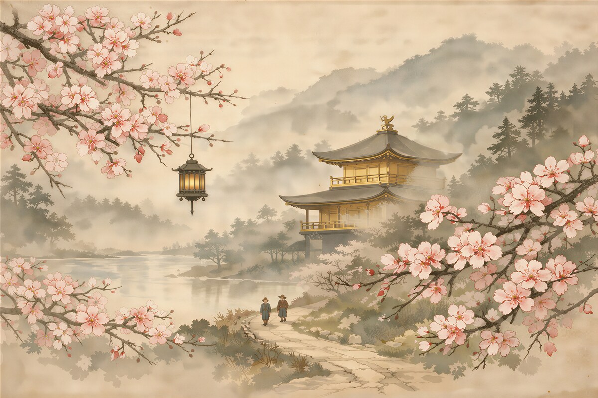 Fotobehang mistige pagode tussen kersenbloesems