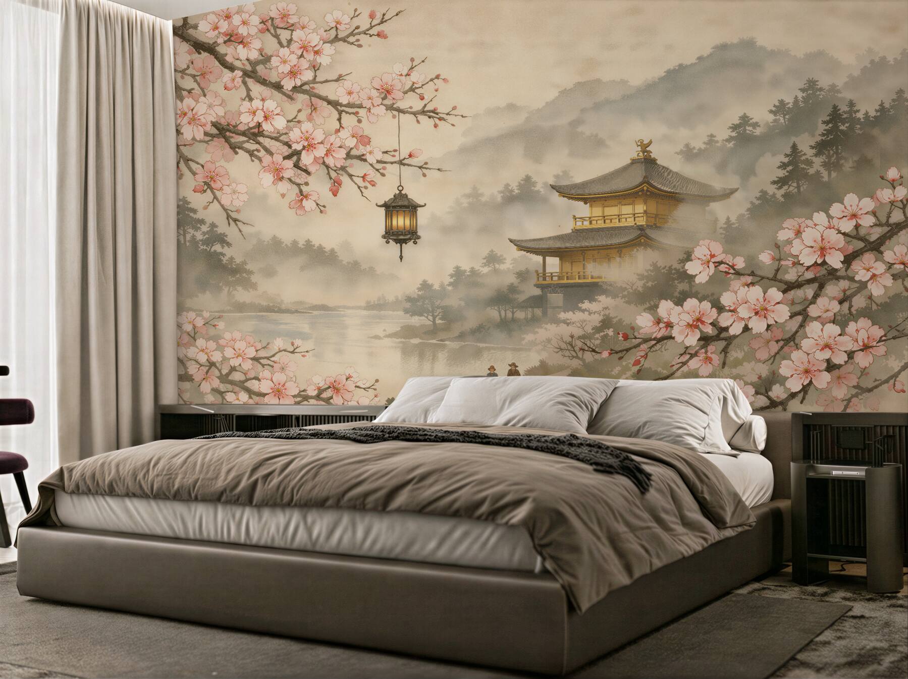 Fotobehang mistige pagode tussen kersenbloesems