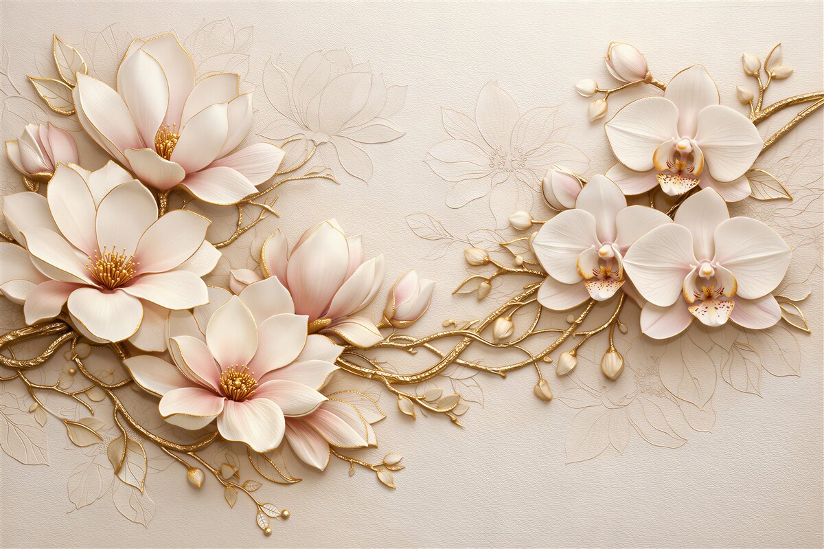 Fotobehang gouden magnolia's en glamoureuze orchideeën