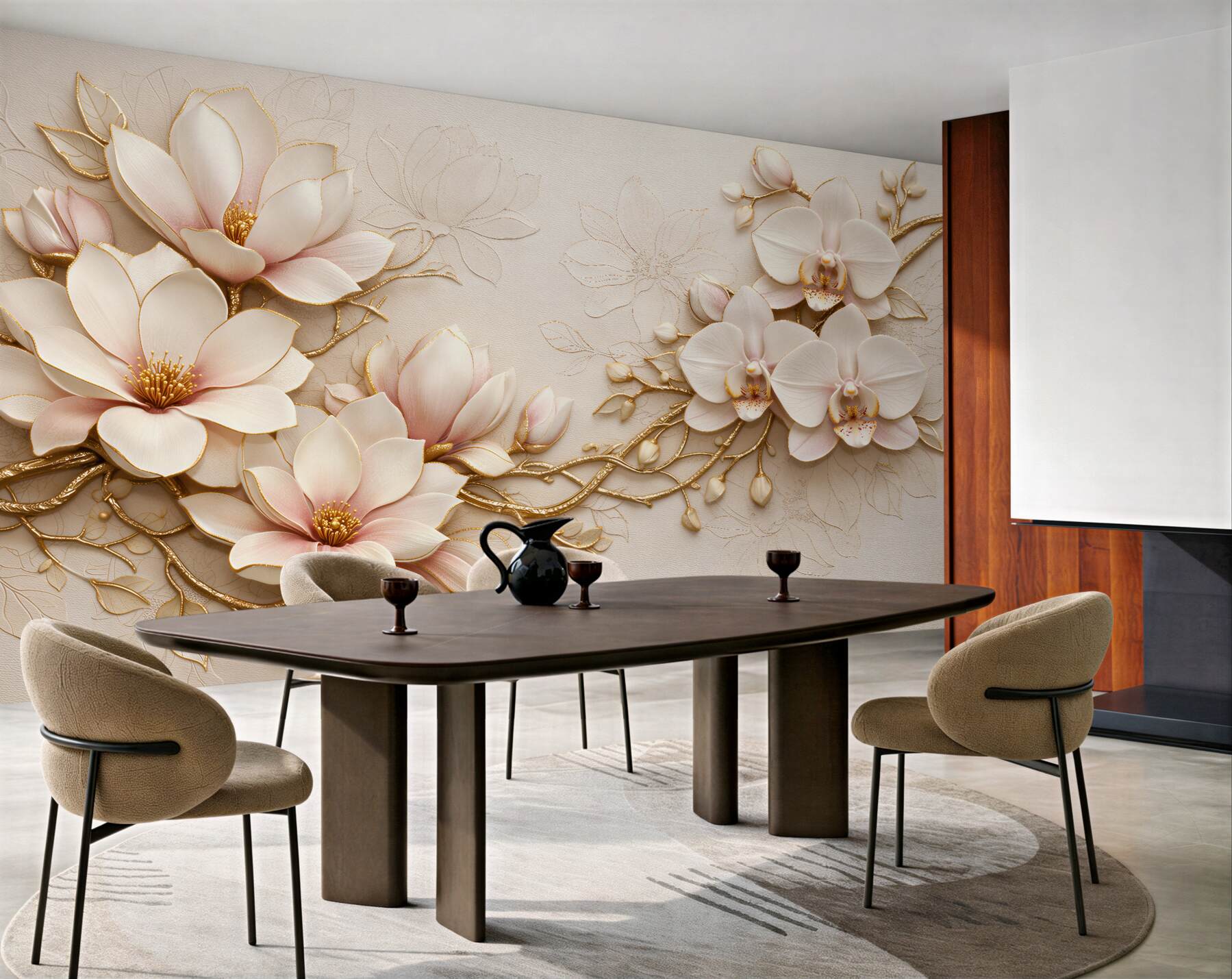 Fotobehang gouden magnolia's en glamoureuze orchideeën