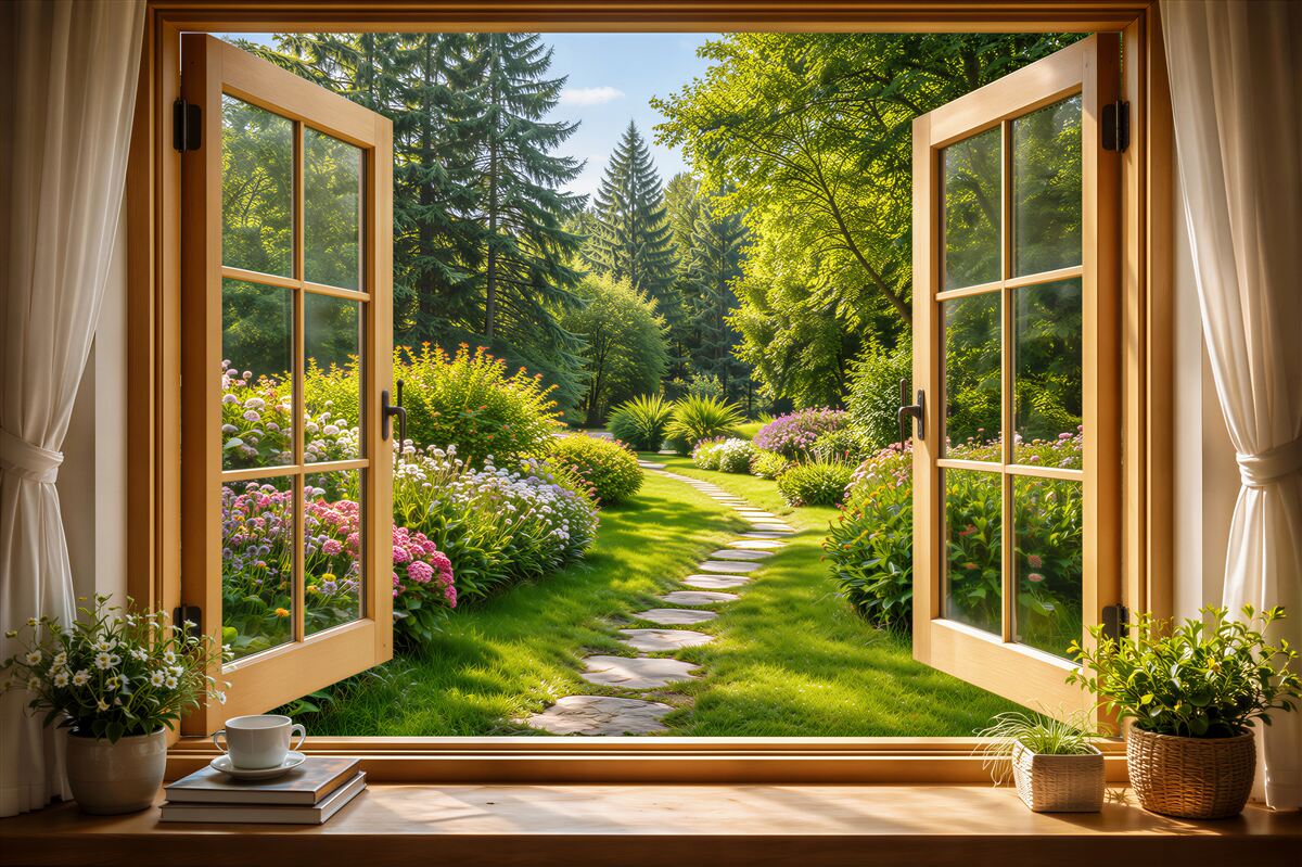 Fotobehang open raam op een zonnige tuin
