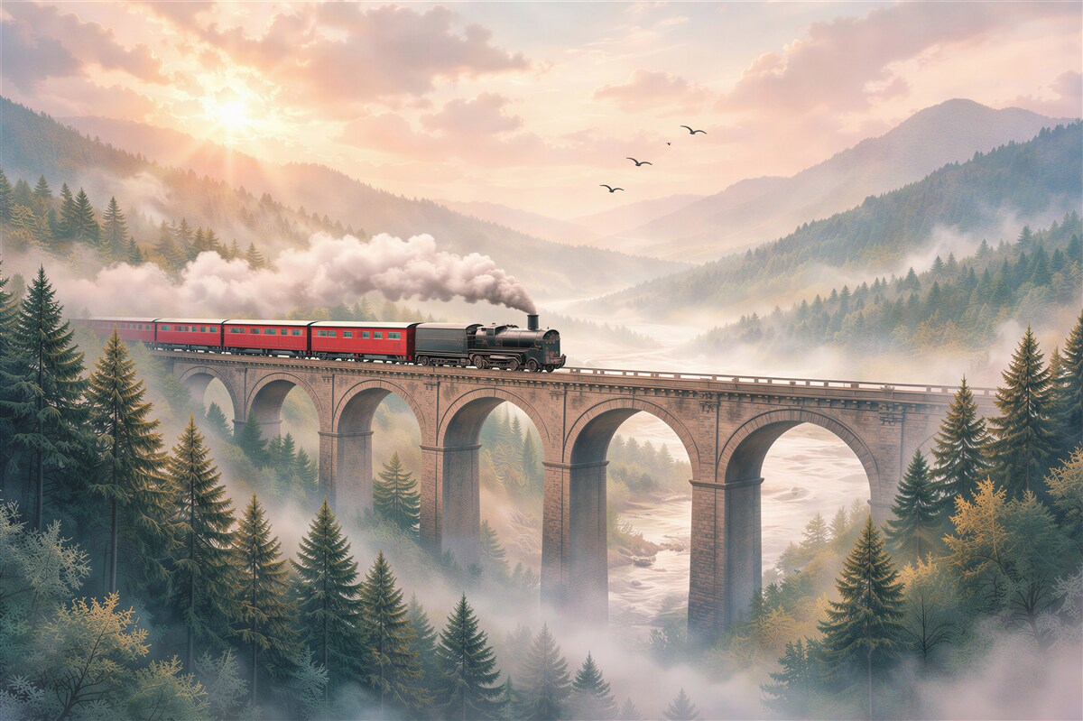 Fotobehang rode trein in mistige bergen