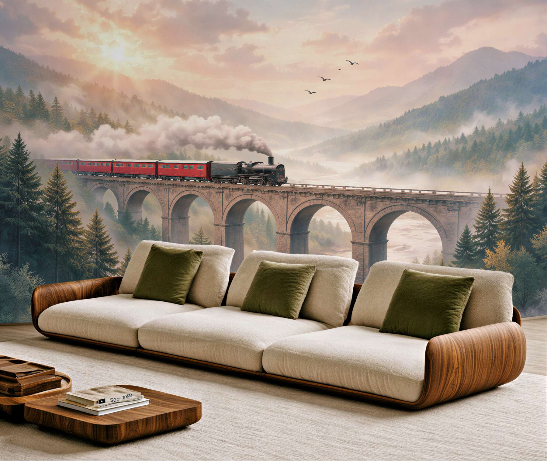 Fotobehang rode trein in mistige bergen