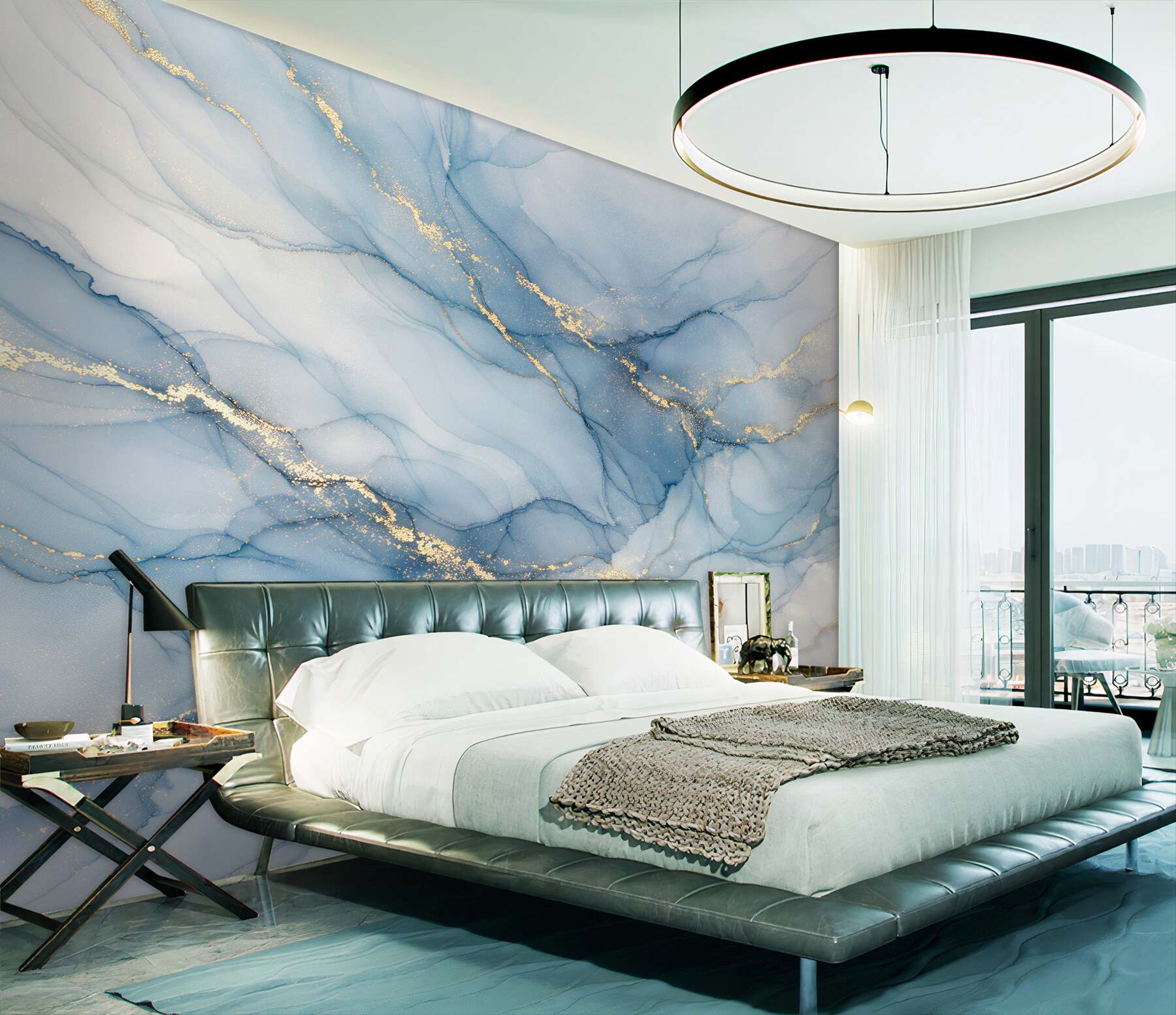 Fotobehang blauwe abstractie met gouden aderen