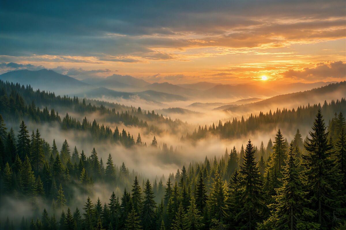 Fotobehang mistige zonsopgang boven het bergbos