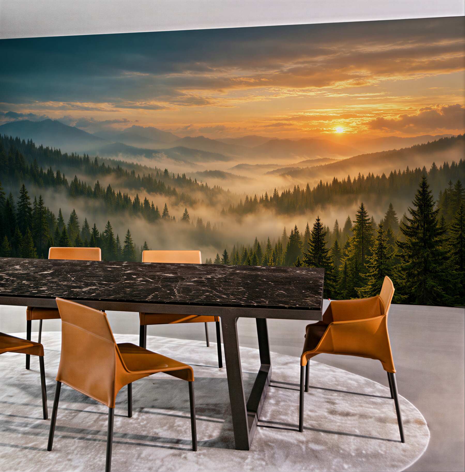 Fotobehang mistige zonsopgang boven het bergbos