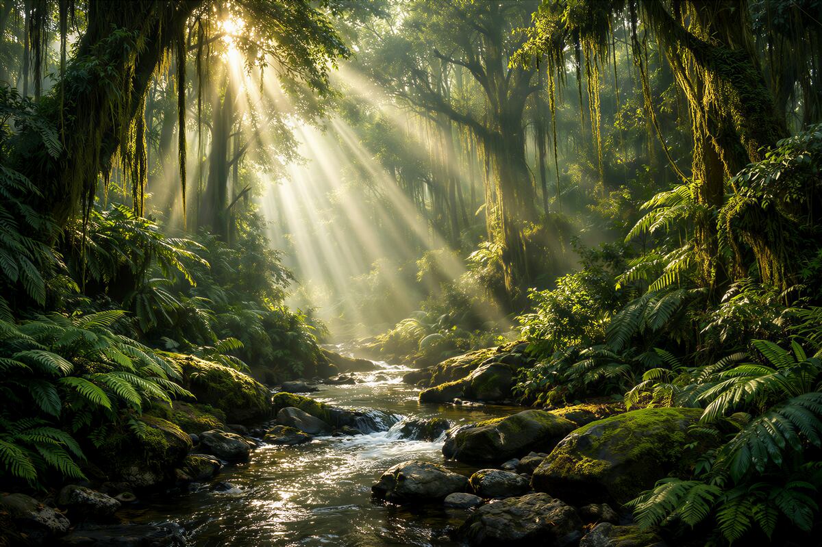 Fotobehang zonnige jungle met bosbeek