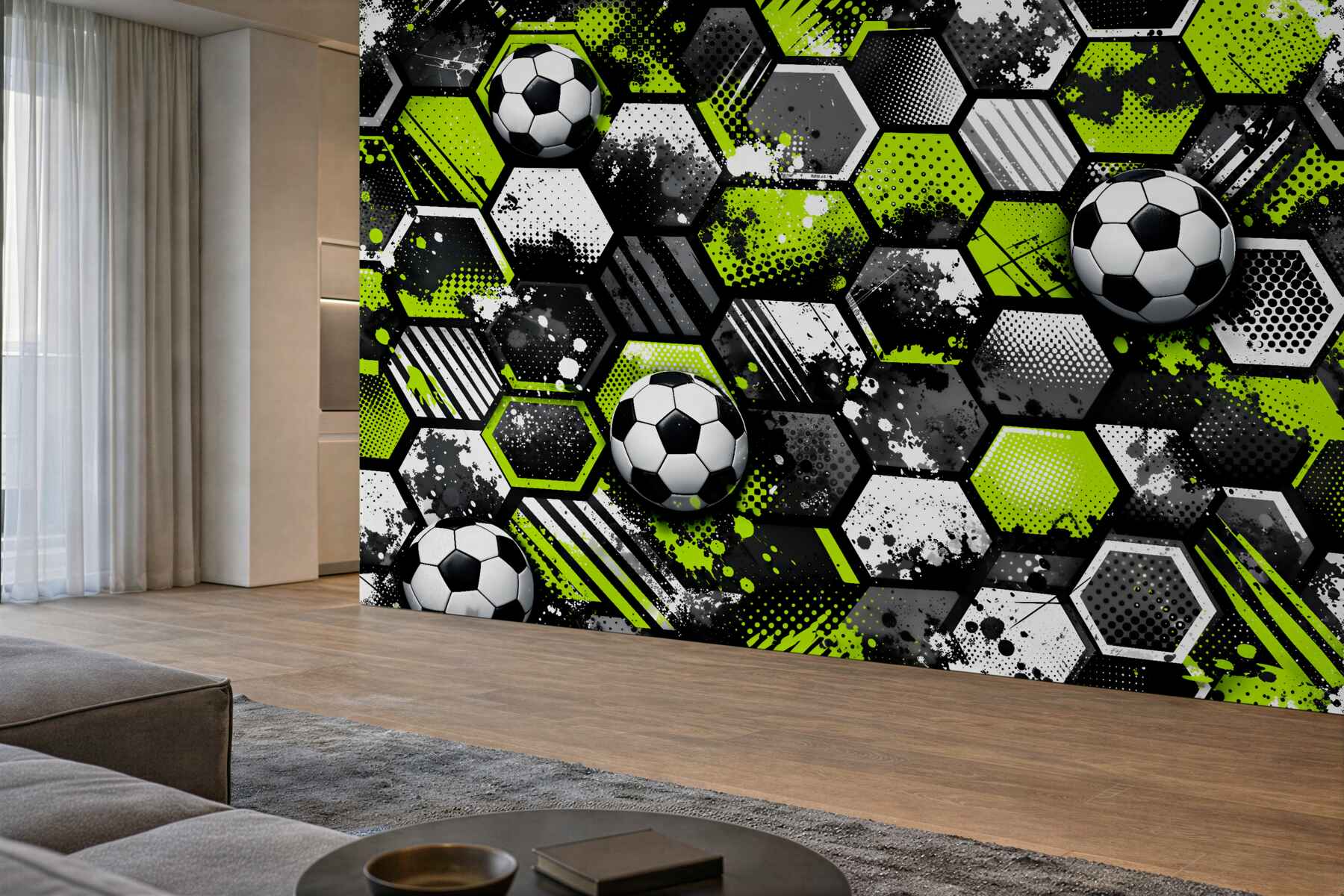 Fotobehang voetbalenergie van neon hexagons