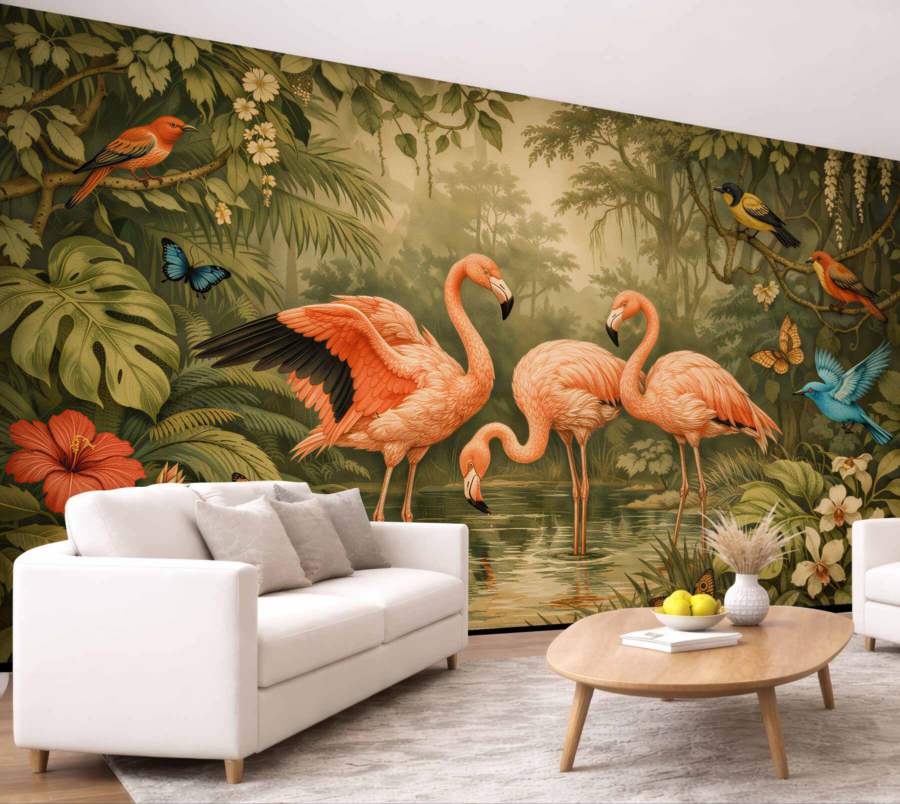 Fotobehang flamingo's in de exotische jungle