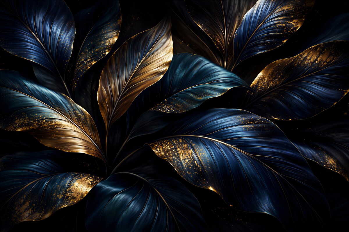 Fotobehang marineblauwe bladeren in gouden glans