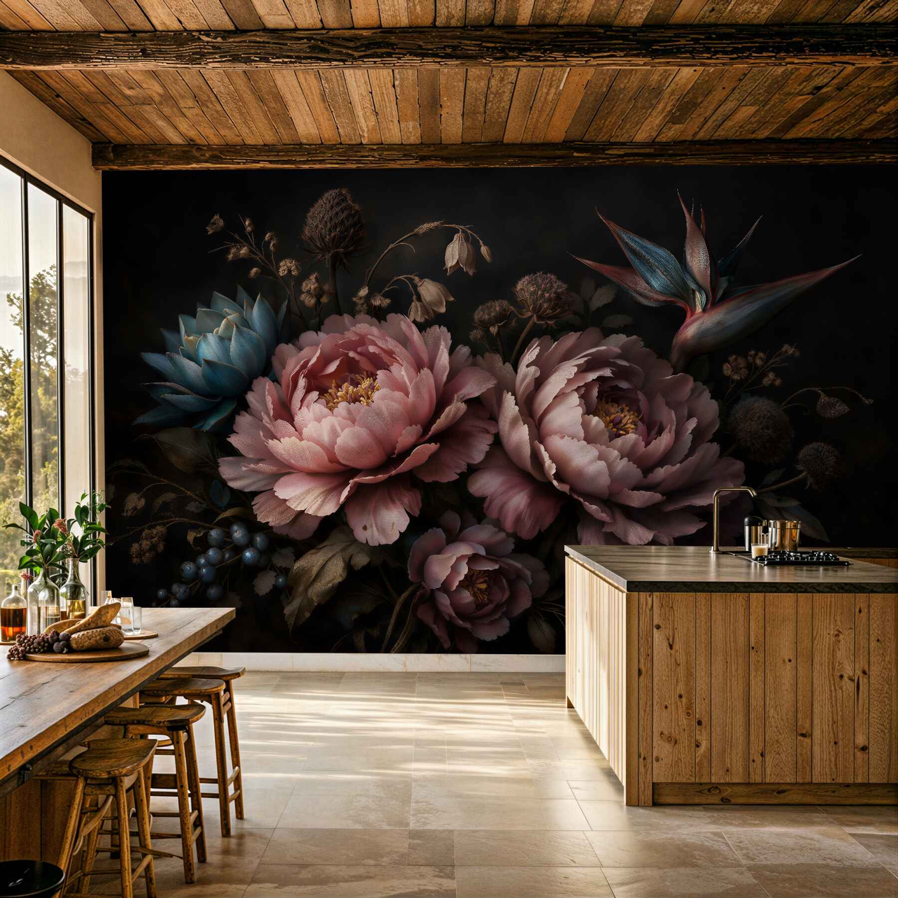 Fotobehang poederachtige pioenen met exotische accenten