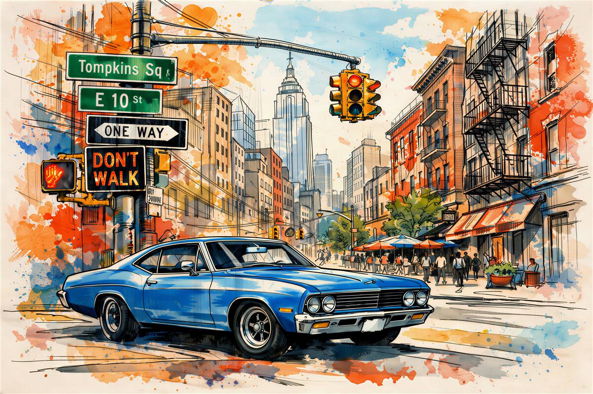 Fotobehang aquarelstraat met klassieke auto