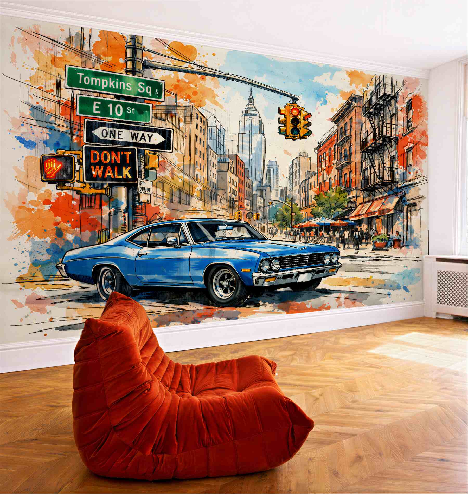 Fotobehang aquarelstraat met klassieke auto