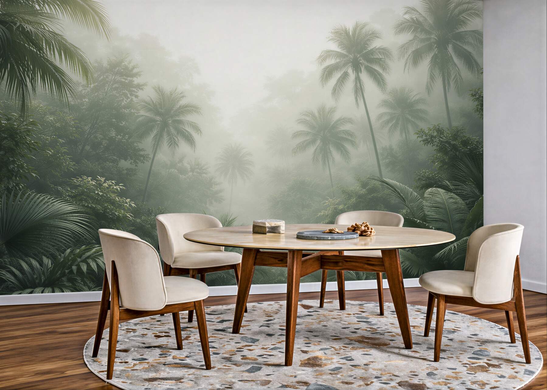 Fotobehang mistige tropische jungle met palmen