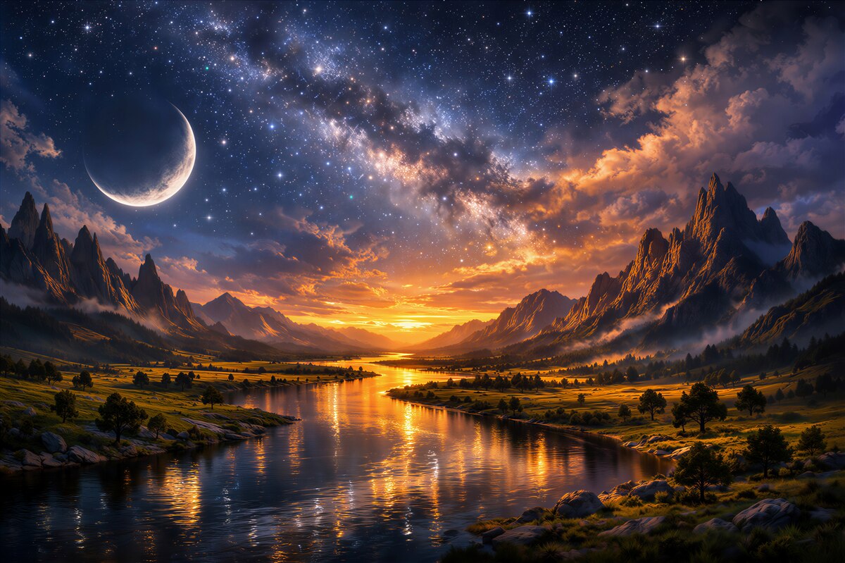 Fotobehang kosmische zonsondergang boven een bergvallei