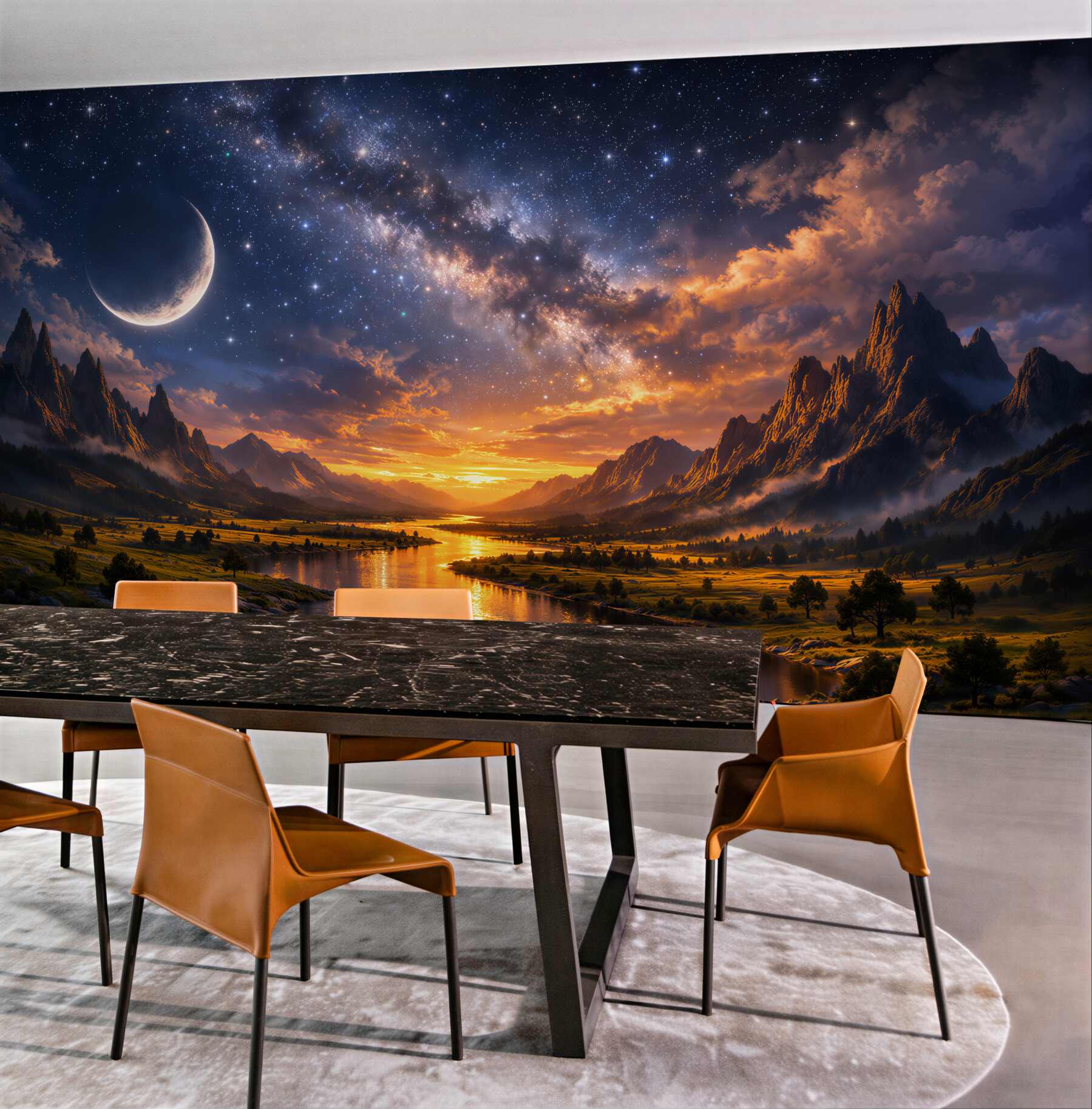 Fotobehang kosmische zonsondergang boven een bergvallei