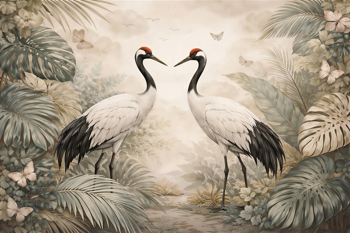 Fotobehang kraanvogels in een exotisch plantenframe
