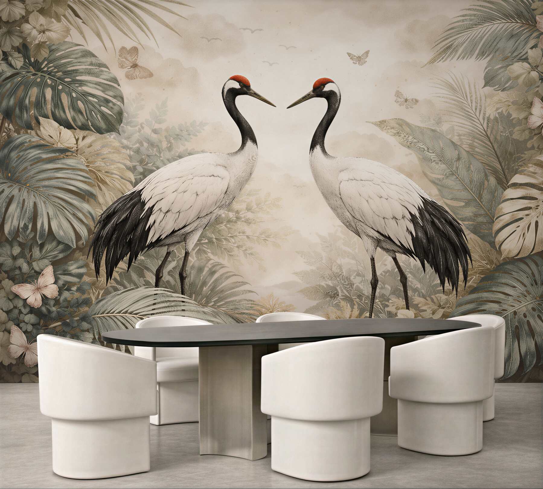 Fotobehang kraanvogels in een exotisch plantenframe