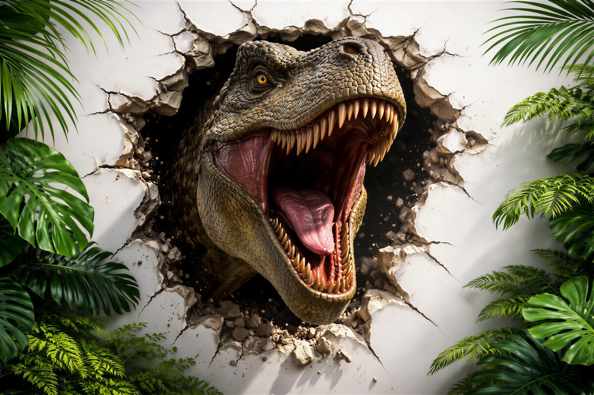 Fotobehang 3D dinosaurus die door de muur breekt