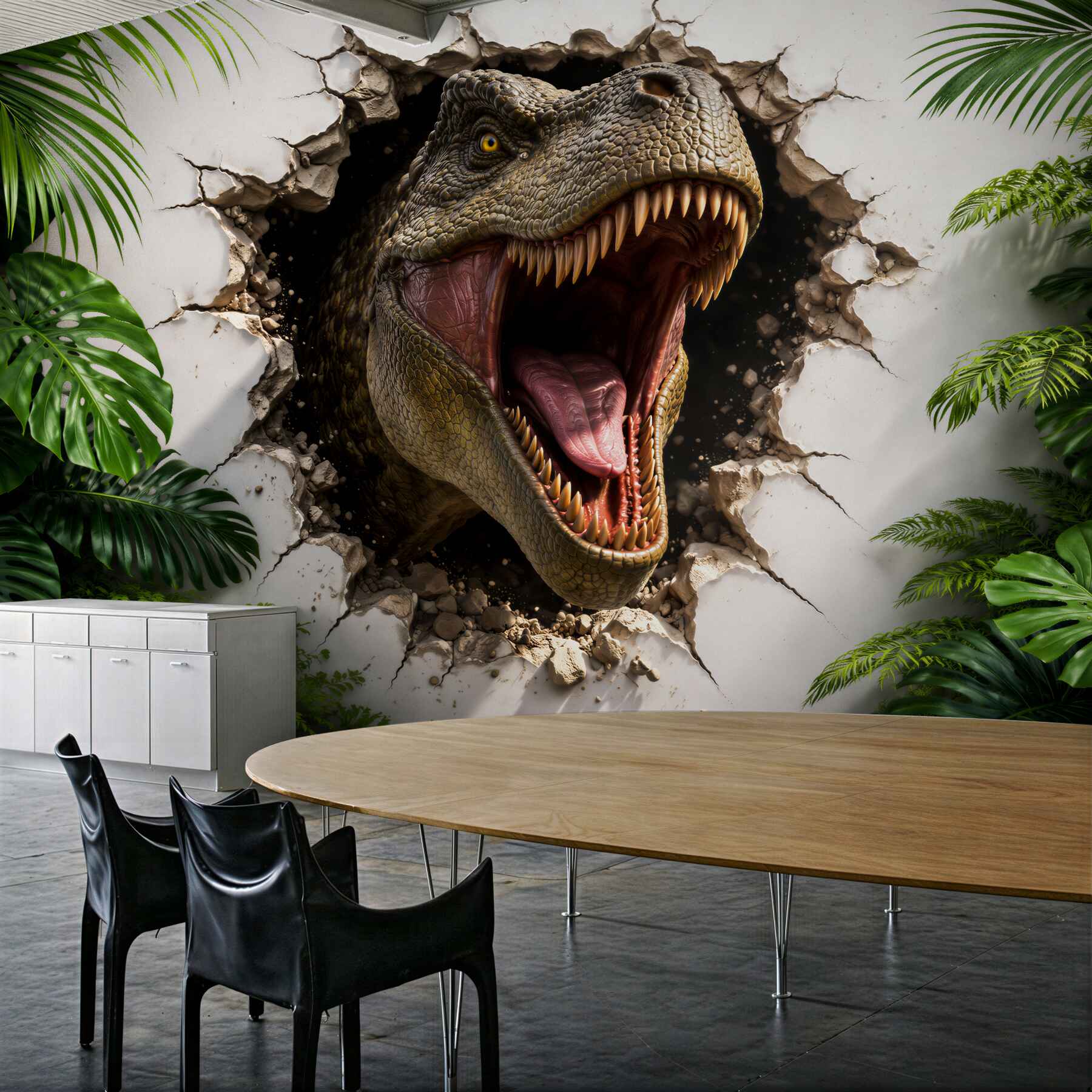 Fotobehang 3D dinosaurus die door de muur breekt