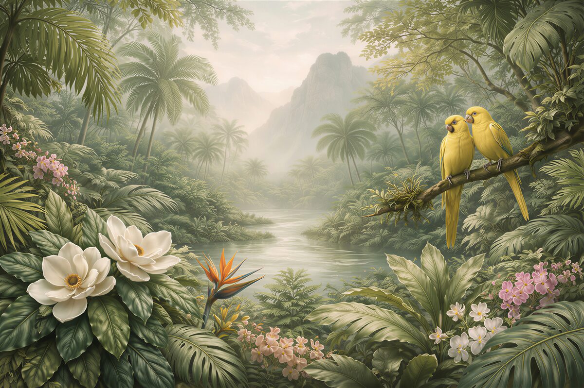 Fotobehang paradijselijke jungle met gele papegaaien