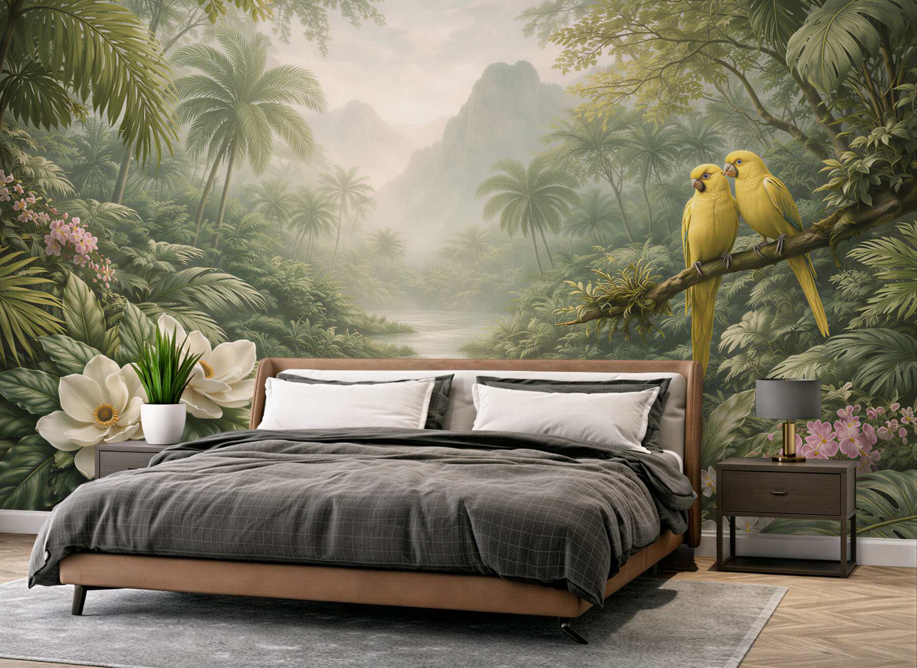 Fotobehang paradijselijke jungle met gele papegaaien