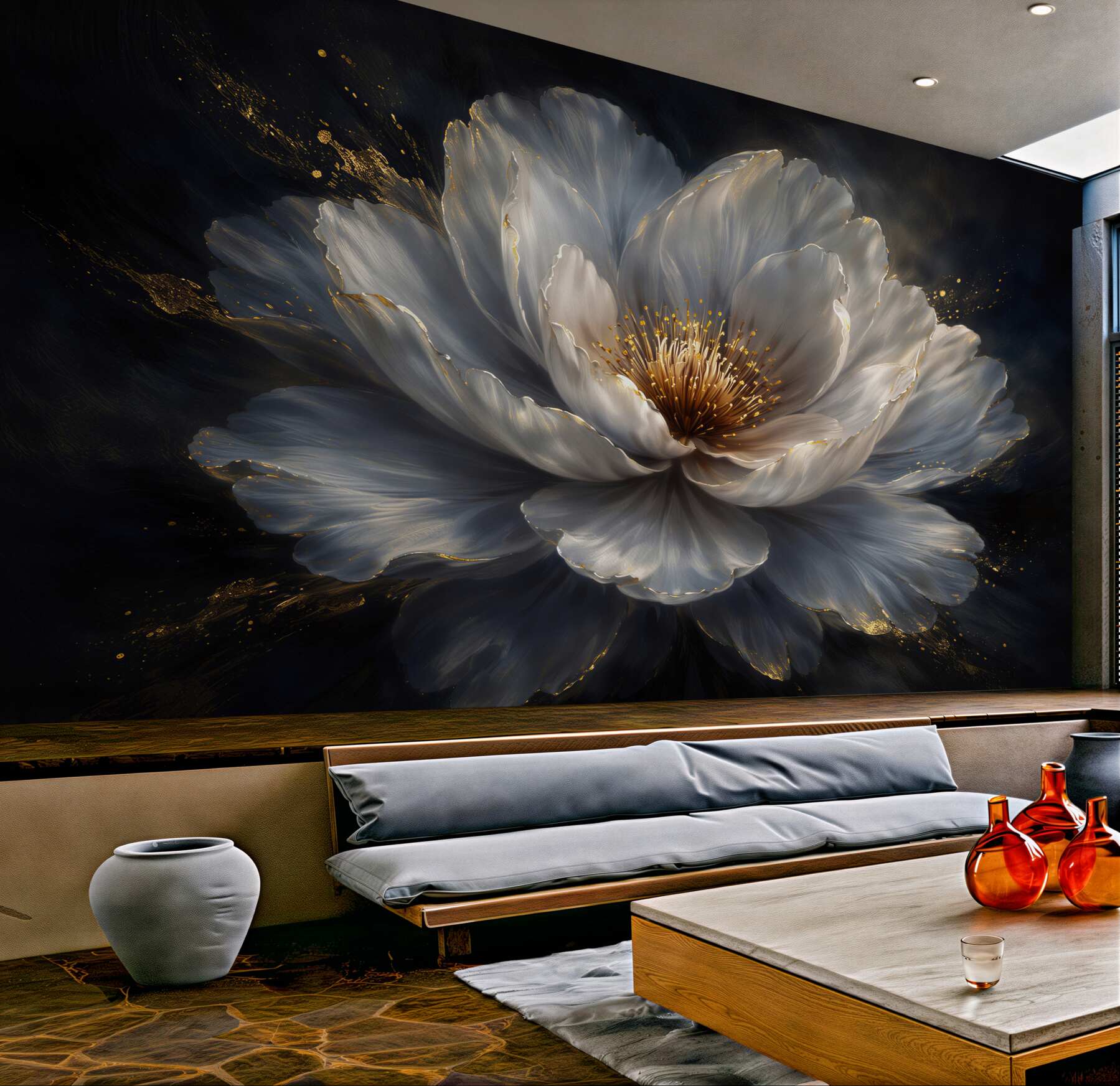 Fotobehang luxe witte pioenroos op zwart