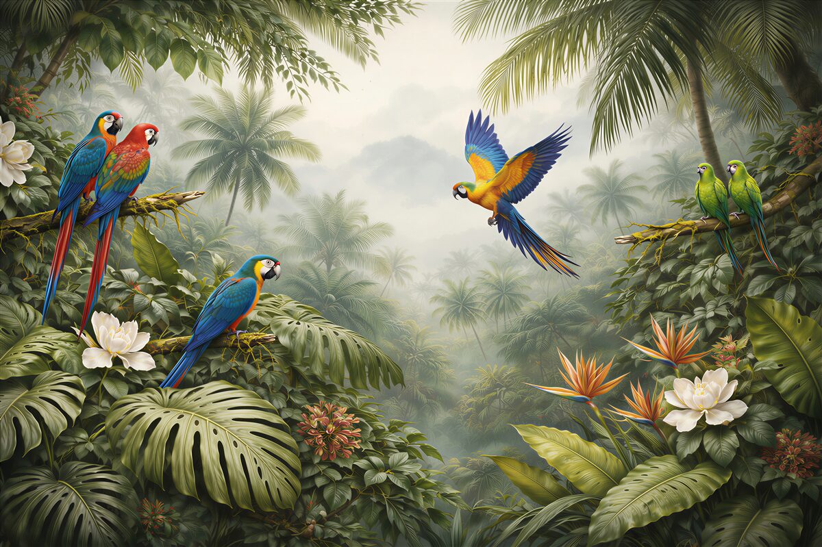 Fotobehang papegaaien in een mistige jungle
