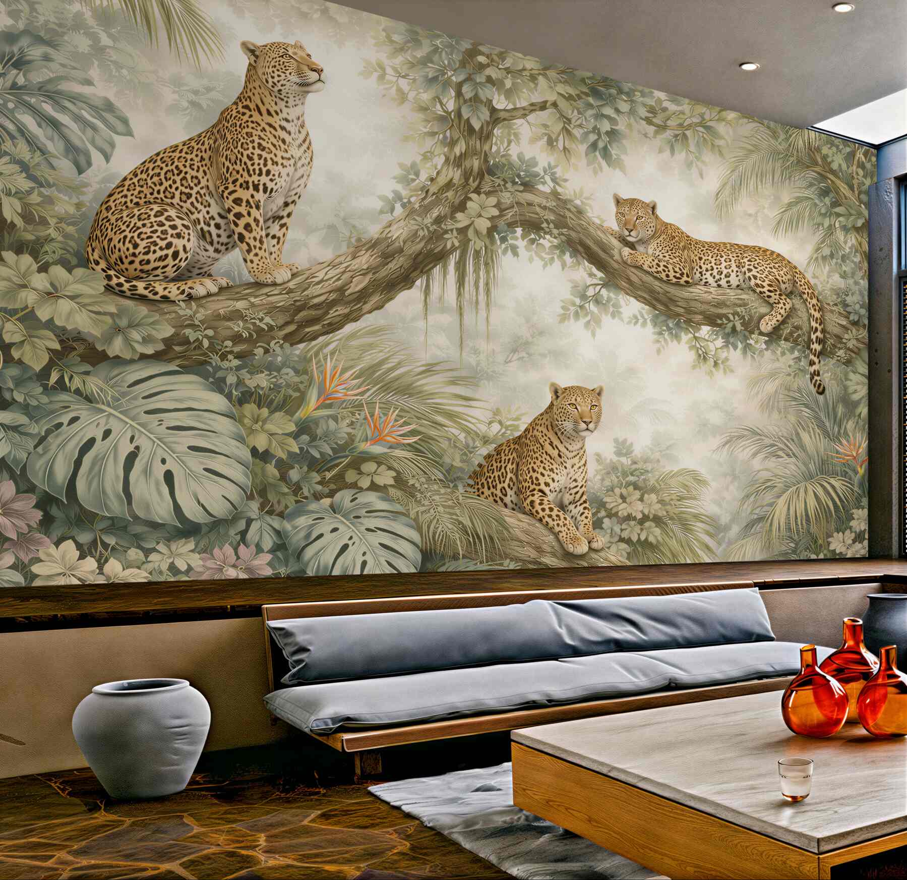 Fotobehang luipaarden op tropische takken