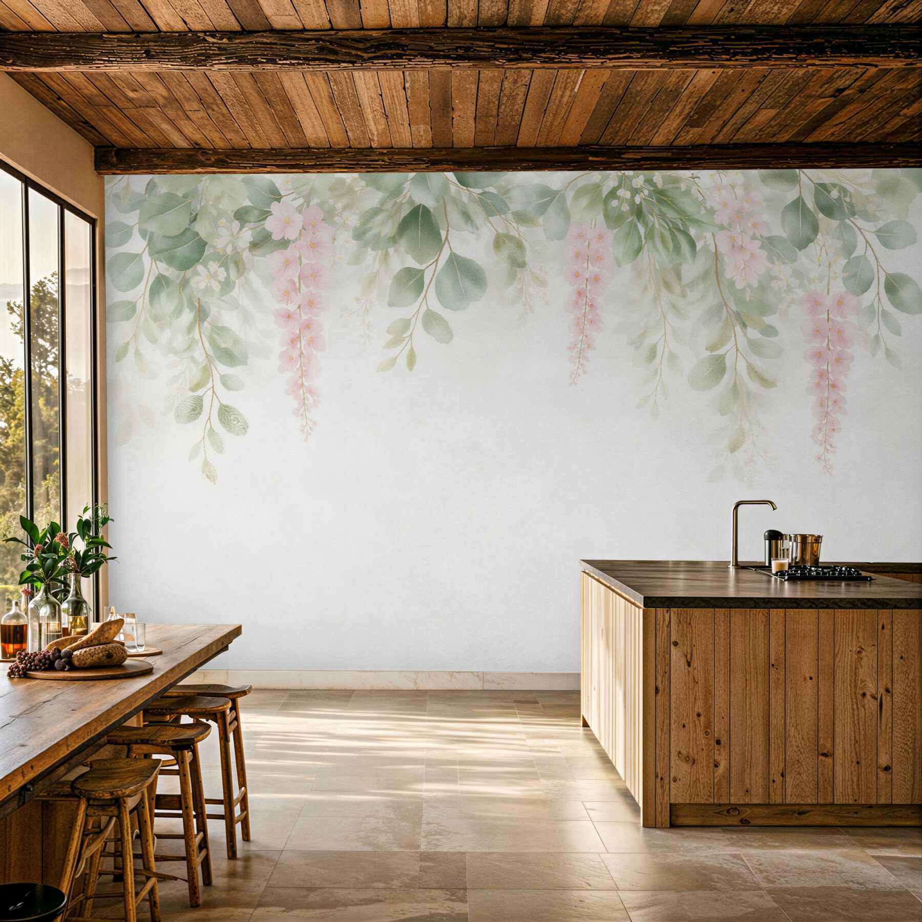 Fotobehang pastel bloemen en bladeren