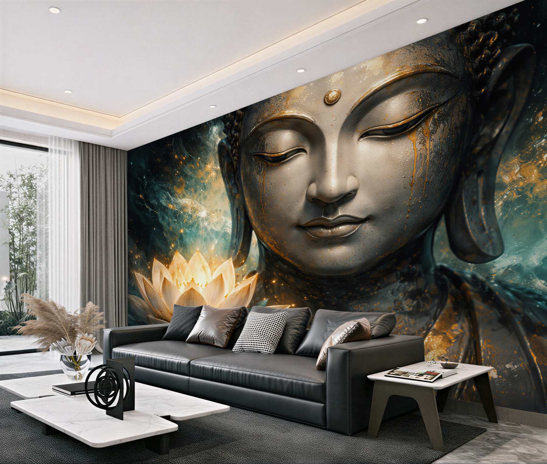 Fotobehang gouden boeddha met lotus