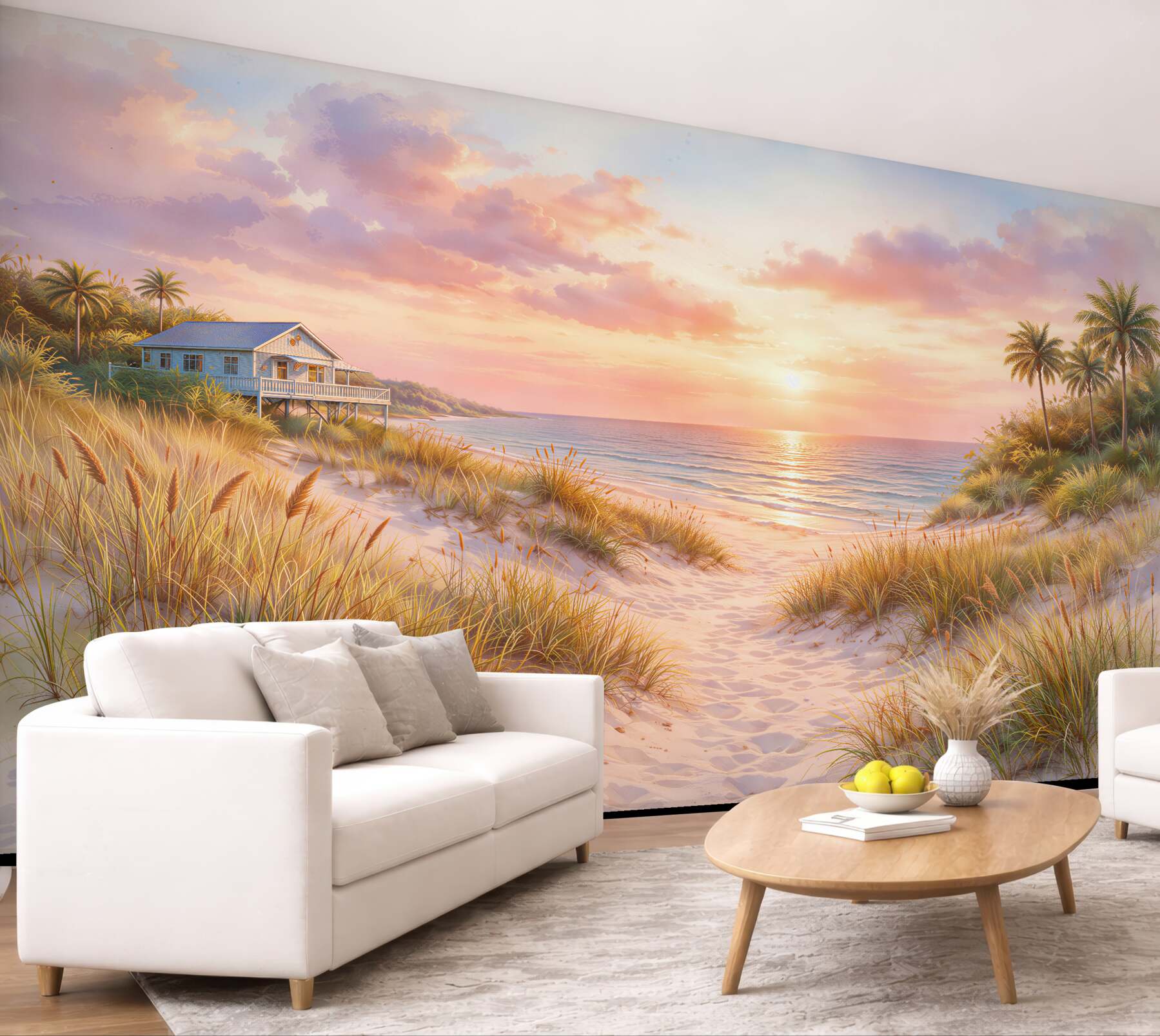 Fotobehang roze zonsondergang op het strand