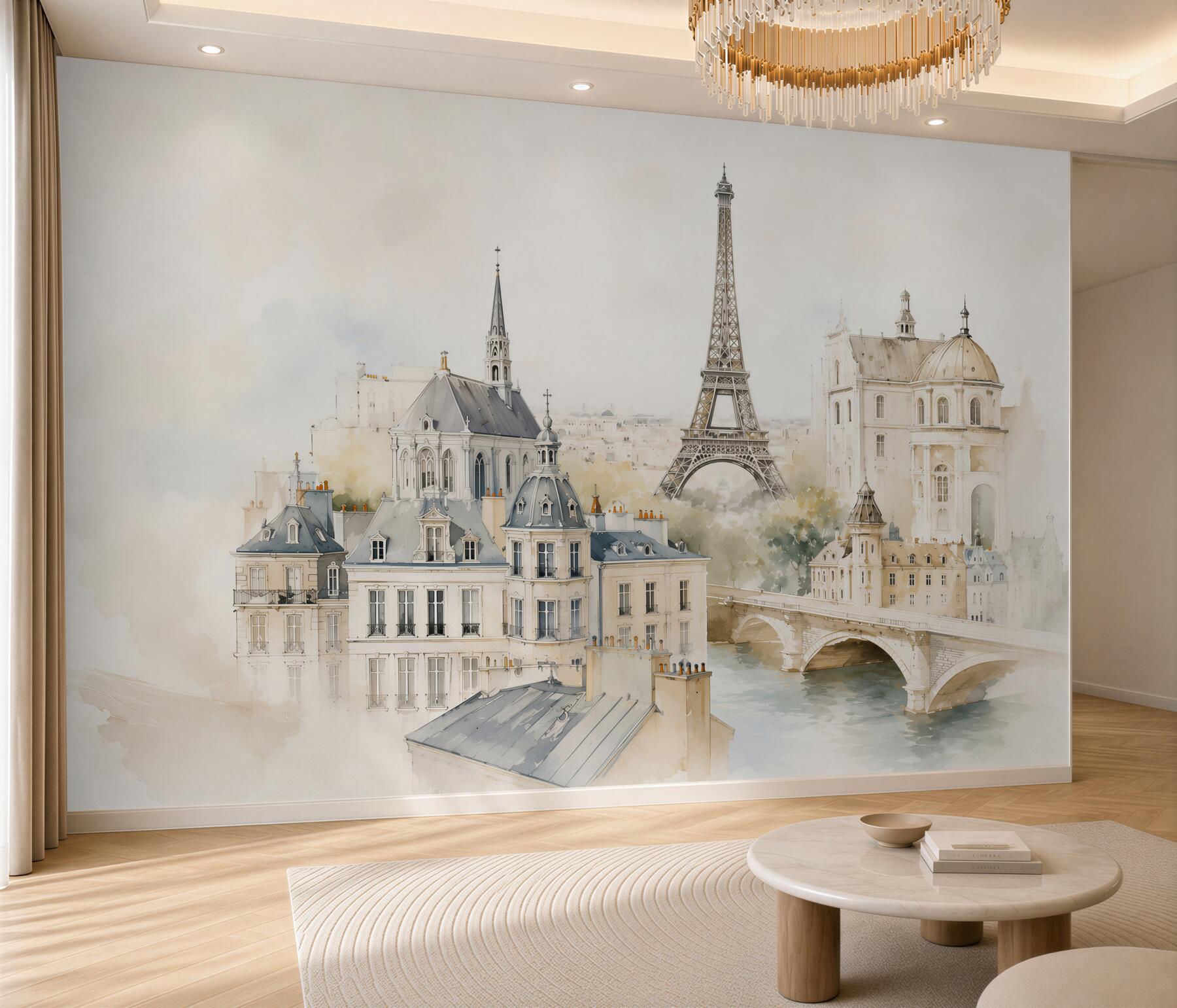 Fotobehang Parijs met de Eiffeltoren in lichte aquarel elegante stad