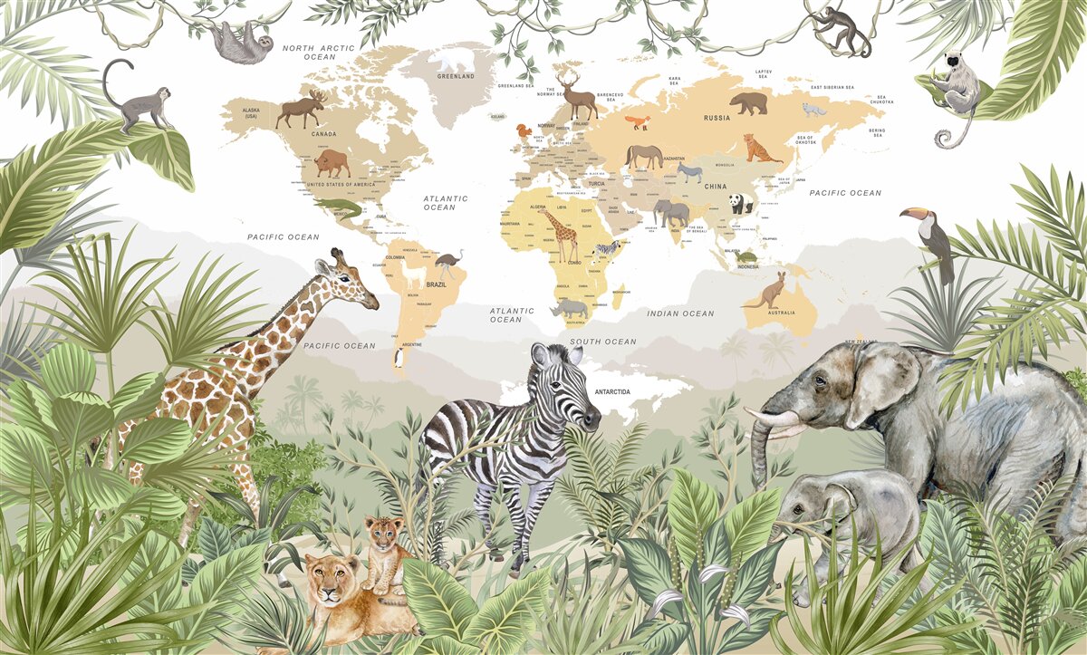 Fotobehang dieren op de achtergrond van een wereldkaart