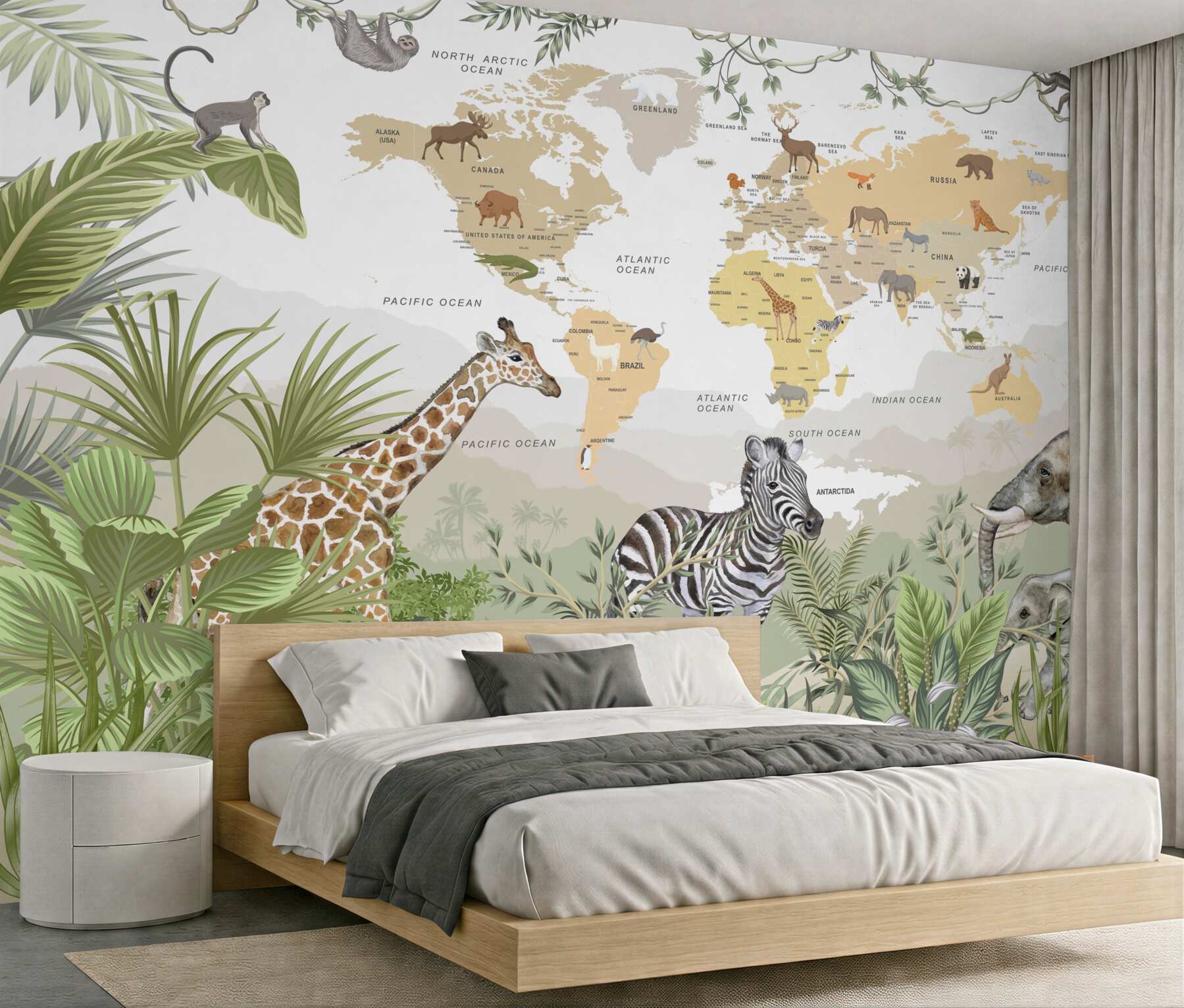 Fotobehang dieren op de achtergrond van een wereldkaart