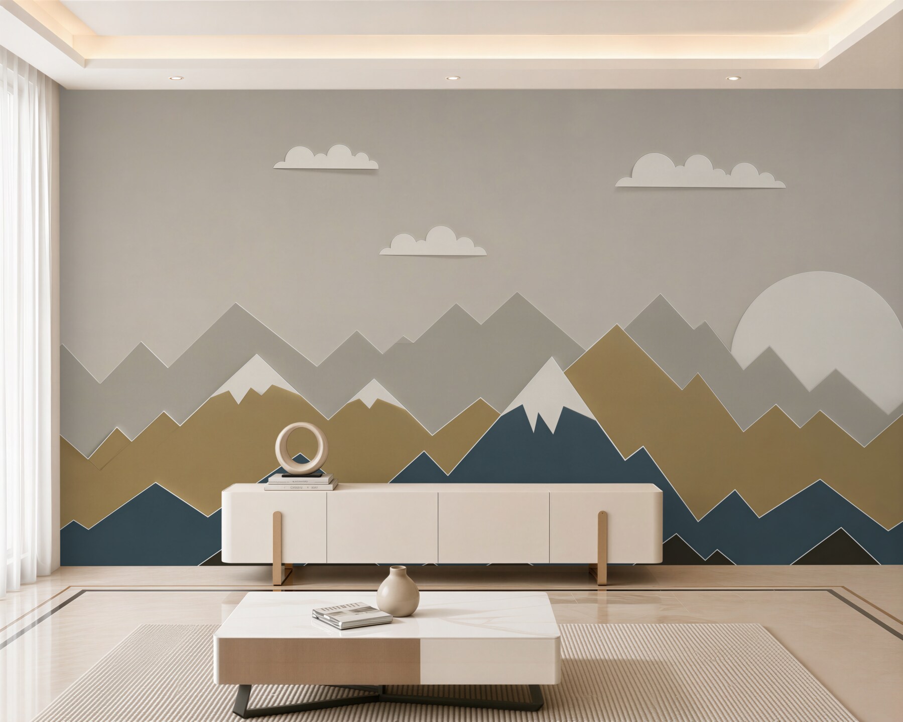 Fotobehang berglandschap met gelaagde toppen in beige-grijze tinten