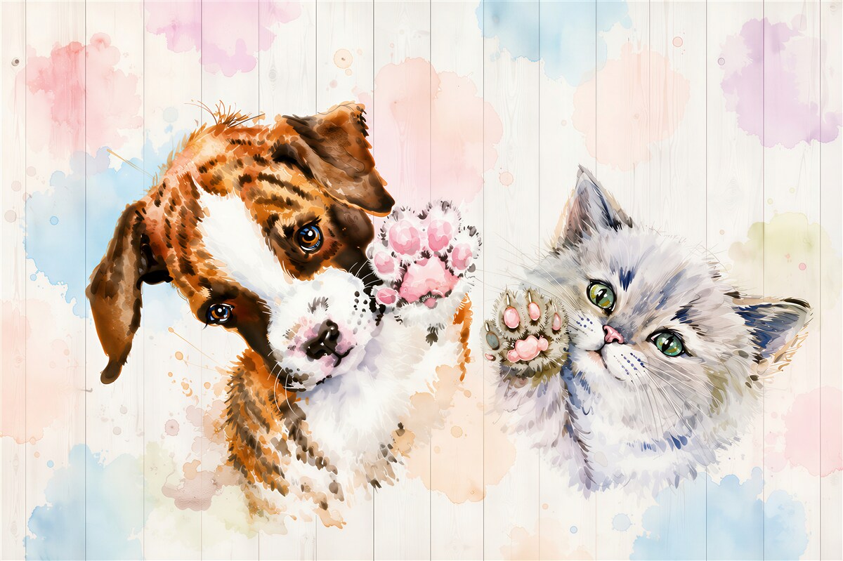 Fotobehang Puppy en kitten met opgetilde pootjes