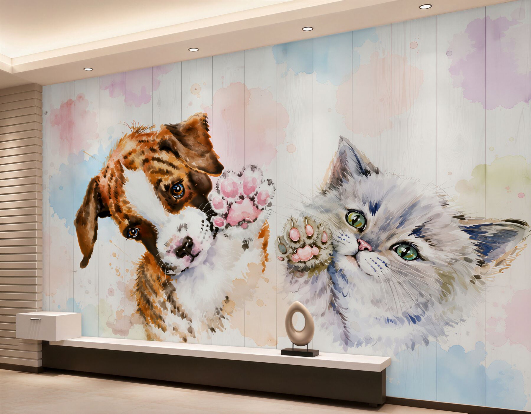 Fotobehang Puppy en kitten met opgetilde pootjes